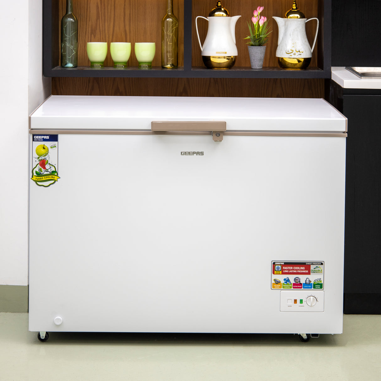 Geepas GCF4106WAH  Chest Freezer | 410L Capacity| 180W Power Efficient Freezer| LED Light |Lock & Key| Adjustable Thermostat|  High-Efficiency Cooling| 1-Year Warranty|