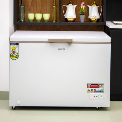 Geepas GCF4106WAH  Chest Freezer | 410L Capacity| 180W Power Efficient Freezer| LED Light |Lock & Key| Adjustable Thermostat|  High-Efficiency Cooling| 1-Year Warranty|