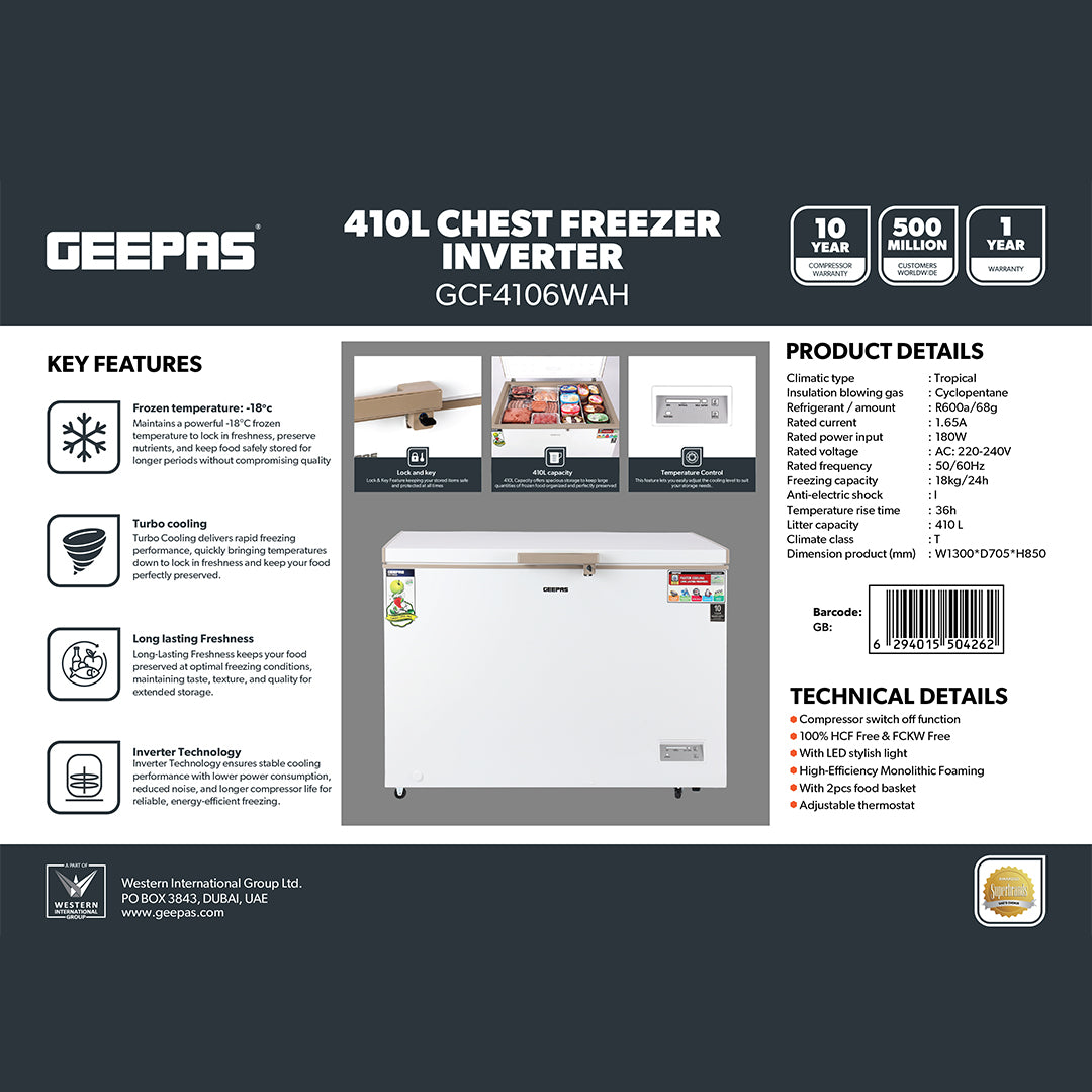 Geepas GCF4106WAH  Chest Freezer | 410L Capacity| 180W Power Efficient Freezer| LED Light |Lock & Key| Adjustable Thermostat|  High-Efficiency Cooling| 1-Year Warranty|