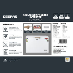 Geepas GCF4106WAH  Chest Freezer | 410L Capacity| 180W Power Efficient Freezer| LED Light |Lock & Key| Adjustable Thermostat|  High-Efficiency Cooling| 1-Year Warranty|