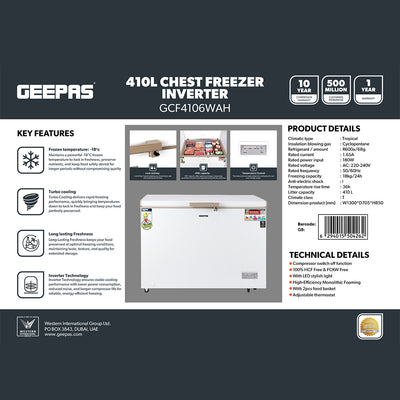 Geepas GCF4106WAH  Chest Freezer | 410L Capacity| 180W Power Efficient Freezer| LED Light |Lock & Key| Adjustable Thermostat|  High-Efficiency Cooling| 1-Year Warranty|