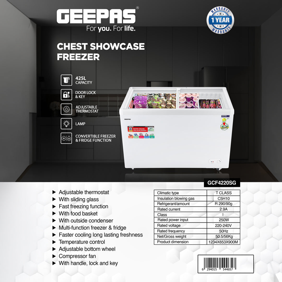 Geepas GCF4220SG Chest Showcase Freezer |425L Convertible Freezer & Fridge| Adjustable Thermostat| Sliding Glass Door| Fast Freezing Function| Lock & Key| 1-Year Warranty