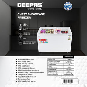 Geepas GCF4220SG Chest Showcase Freezer |425L Convertible Freezer & Fridge| Adjustable Thermostat| Sliding Glass Door| Fast Freezing Function| Lock & Key| 1-Year Warranty