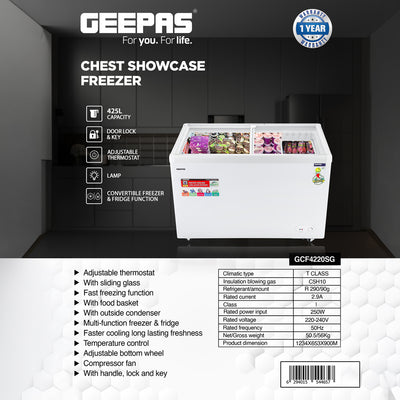Geepas GCF4220SG Chest Showcase Freezer |425L Convertible Freezer & Fridge| Adjustable Thermostat| Sliding Glass Door| Fast Freezing Function| Lock & Key| 1-Year Warranty