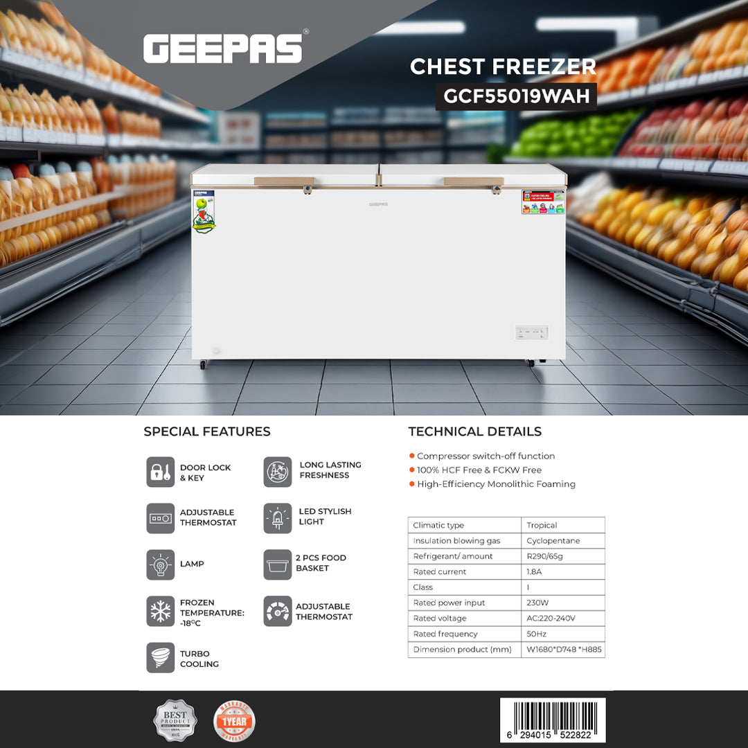Geepas GCF55019WAH 550L Chest Freezer | Turbo Cooling | LED Light | Adjustable Thermostat | Lock & Key | 100% HCF Free | High-Efficiency Cooling | 1-Year Warranty