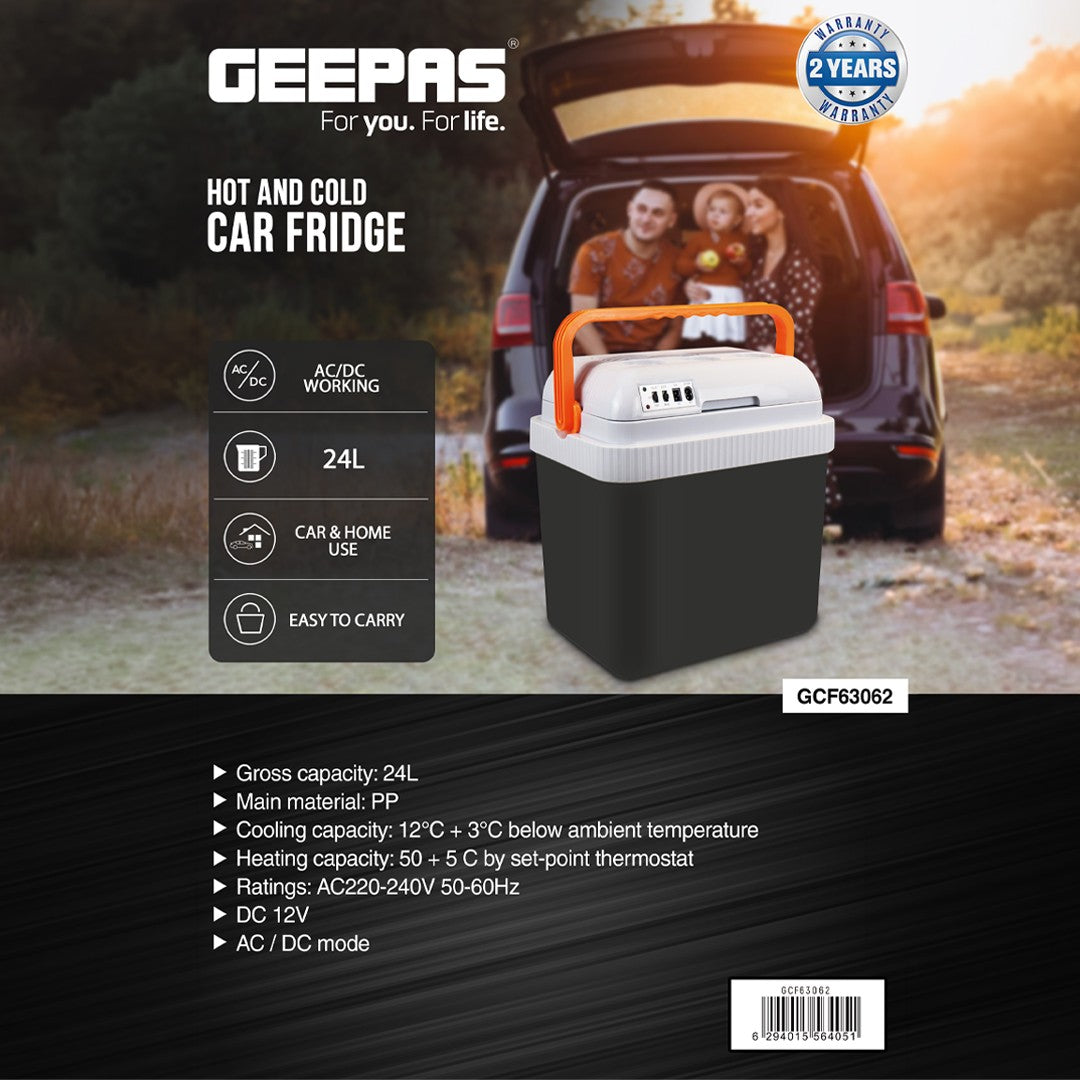 Geepas GCF63062 Hot & Cold Portable Car Fridge | 24L Net Capacity | Hot & Cold Function | AC/DC Dual Power Supply | Portable Design  | Ideal for Car and Home Use