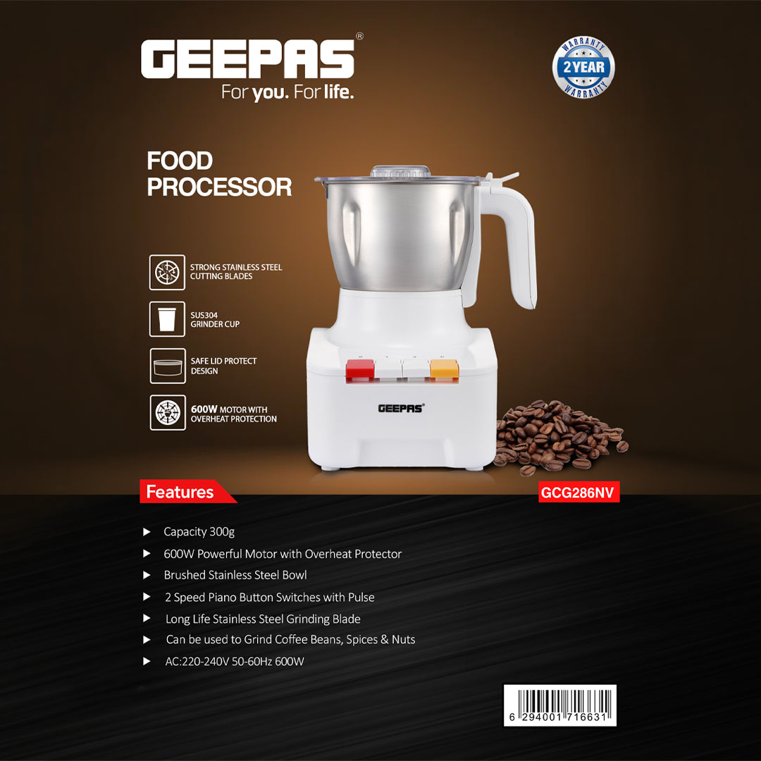 Geepas Food Processor GGC286 | 600W Powerful Motor with Overheat Protection | Stainless Steel Bowl |  2-Speed Piano Button Switch |  Safety Lid | 2 Years Warranty