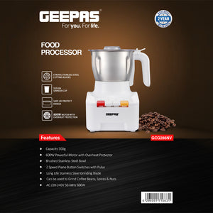 Geepas Food Processor GGC286 | 600W Powerful Motor with Overheat Protection | Stainless Steel Bowl |  2-Speed Piano Button Switch |  Safety Lid | 2 Years Warranty