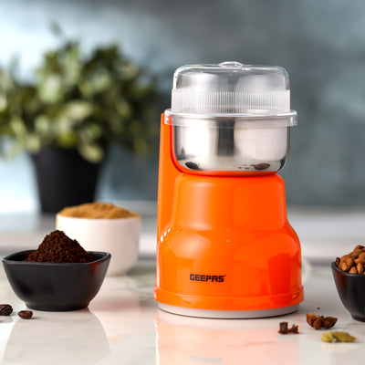 Geepas Coffee Grinder- GCG41018/40g Capacity, 150W Powerful Motor, Durable Jar and Blade/Ergonomic Grip, Perfect for Grinding Coffee Beans /Orange, 2 Years Warranty