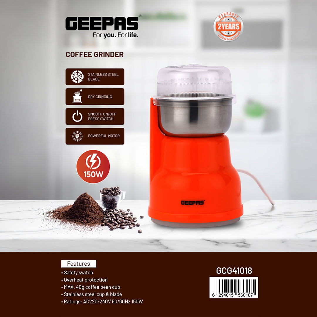 Geepas Coffee Grinder- GCG41018/40g Capacity, 150W Powerful Motor, Durable Jar and Blade/Ergonomic Grip, Perfect for Grinding Coffee Beans /Orange, 2 Years Warranty