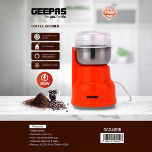 Geepas Coffee Grinder- GCG41018/40g Capacity, 150W Powerful Motor, Durable Jar and Blade/Ergonomic Grip, Perfect for Grinding Coffee Beans /Orange, 2 Years Warranty