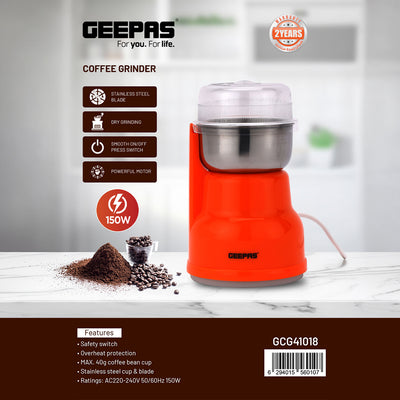 Geepas Coffee Grinder- GCG41018/40g Capacity, 150W Powerful Motor, Durable Jar and Blade/Ergonomic Grip, Perfect for Grinding Coffee Beans /Orange, 2 Years Warranty