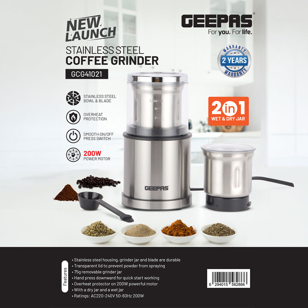 Geepas 2-in-1 Coffee Grinder- GCG41021/ 200W Motor, Durable Wet & Dry Jar, Stainless Steel Housing & Blade/ Ergonomic Grip, Press Down Operation/ 2 Years Warranty