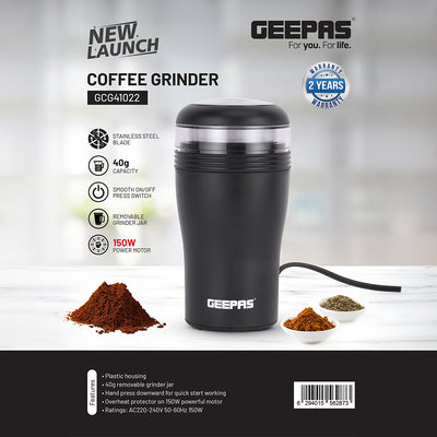 Geepas Coffee Grinder- GCG41022/150W Powerful Motor, Durable Jar, Plastic Housing and Stainless Steel Blade/Ergonomic Grip, Press Down Operation, Black, 2 Years Warranty