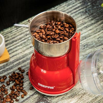 Geepas GCG5440 Coffee Grinder | 250W Motor with Overheat Protection| Strong Stainless Steel Cutting Blades| Unique Design | Ideal for Spices, Nuts, etc | 2 Years Warranty