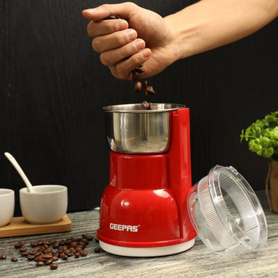 Geepas GCG5440 Coffee Grinder | 250W Motor with Overheat Protection| Strong Stainless Steel Cutting Blades| Unique Design | Ideal for Spices, Nuts, etc | 2 Years Warranty