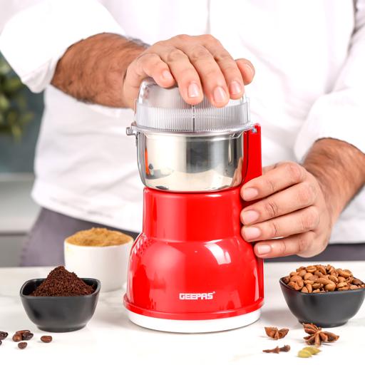 Geepas GCG5440 Coffee Grinder | 250W Motor with Overheat Protection| Strong Stainless Steel Cutting Blades| Unique Design | Ideal for Spices, Nuts, etc | 2 Years Warranty