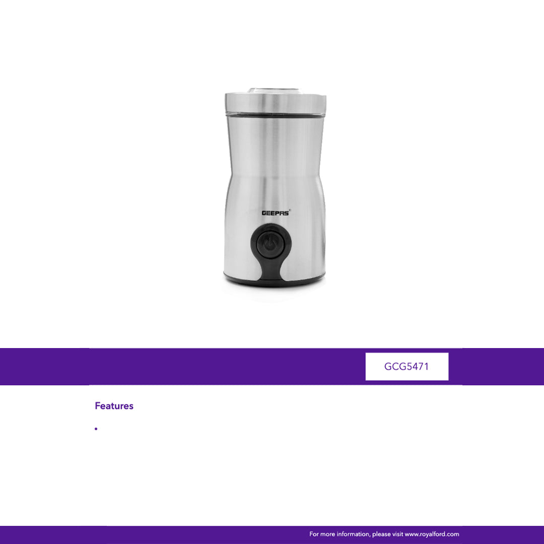 Geepas GCG5471 Grinder | Stainless Steel Coffee & Spice Grinder with Compact Design| One-Touch Easy Operation |Transparent Lid| Durable Sharp Blade for Daily Grinding Use