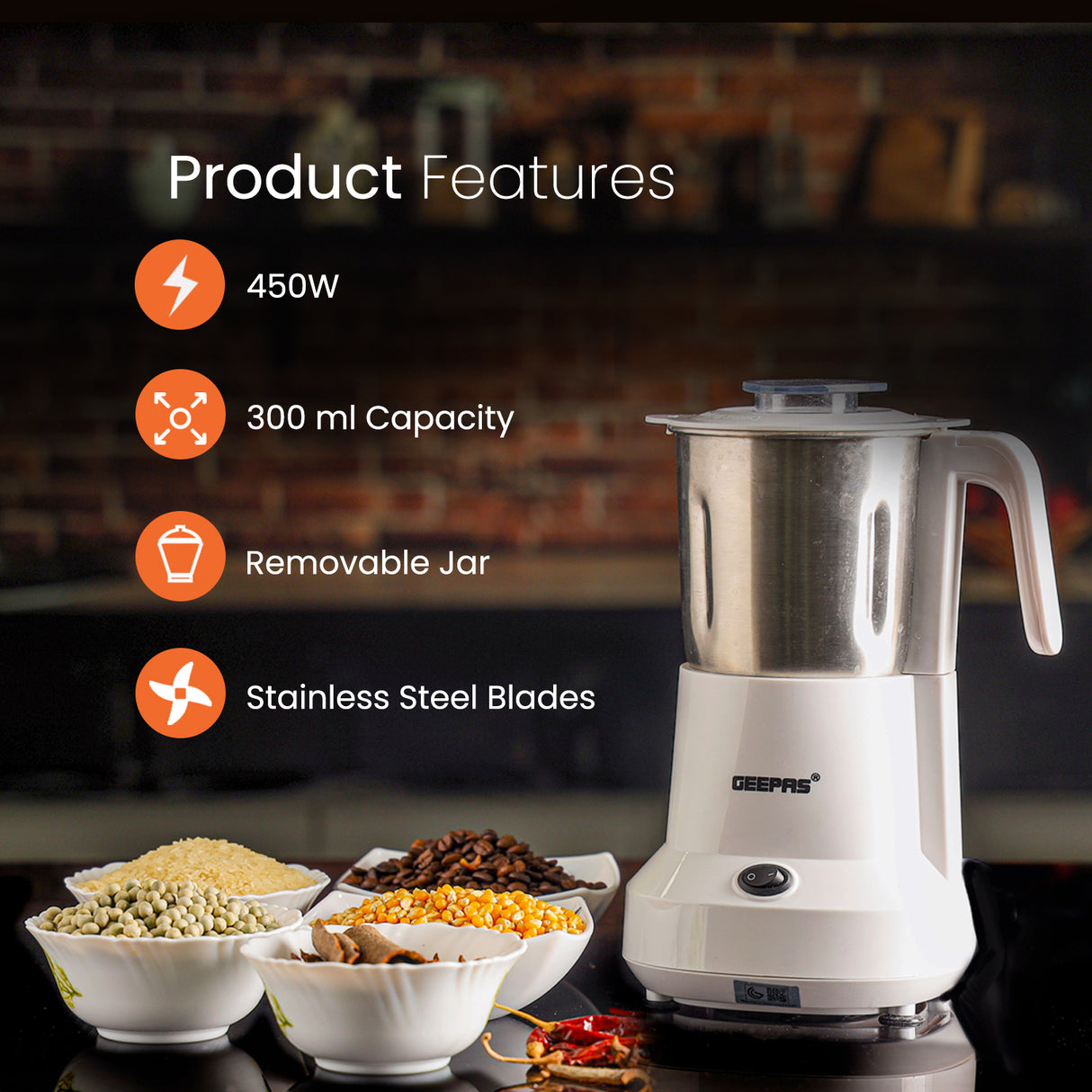 Geepas GCC6105 Food Processor | 450W |  Overheat Protection | Stainless Steel Bowl & Cutting Blade| Pulse Control | Grinder for Spices, Coffee Beans, Nuts & Dried Fruits