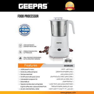 Geepas GCC6105 Food Processor | 450W |  Overheat Protection | Stainless Steel Bowl & Cutting Blade| Pulse Control | Grinder for Spices, Coffee Beans, Nuts & Dried Fruits