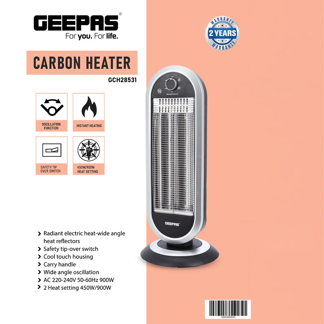 Geepas Carbon Heater GCH28531 | Instant Heating with Adjustable Power Settings| Safety Tip-Over Protection| Durable Design for Home & Office Use| 2 Years Warranty