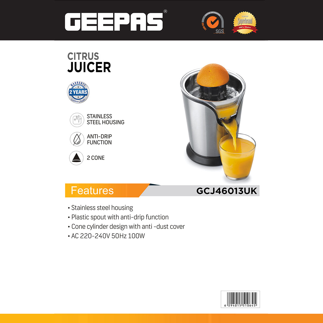 Geepas GCJ46013UK Citrus Juicer |Durable Stainless Steel Housing |Anti-Drip Spout for Mess-Free Serving |2 Cone Design |Anti-Dust Cover | 100W |Orange & Lemon Juice Maker