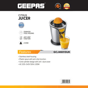 Geepas GCJ46013UK Citrus Juicer |Durable Stainless Steel Housing |Anti-Drip Spout for Mess-Free Serving |2 Cone Design |Anti-Dust Cover | 100W |Orange & Lemon Juice Maker