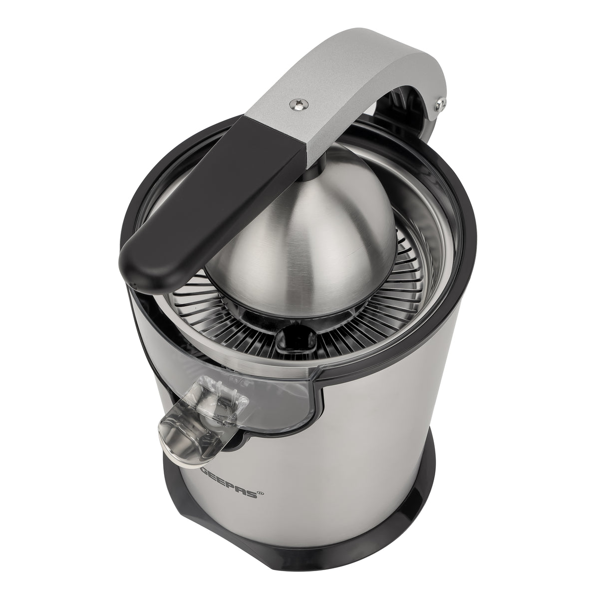 Geepas Stainless Steel Citrus Juicer- GCJ46018| Juicer for Orange Juice, Lemon, and so on| Deluxe Stainless Steel Body with Aluminum Die-Casting Handle, Metallic Silver