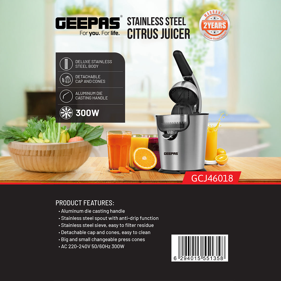 Geepas Stainless Steel Citrus Juicer- GCJ46018| Juicer for Orange Juice, Lemon, and so on| Deluxe Stainless Steel Body with Aluminum Die-Casting Handle, Metallic Silver