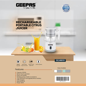 Geepas Rechargeable Citrus Juicer GCJ46019 | 200ml Capacity | USB Charging | Sensor Touch | Wireless Use | Detachable Caps & Cones | Easy Cleaning | 2-Year Warranty
