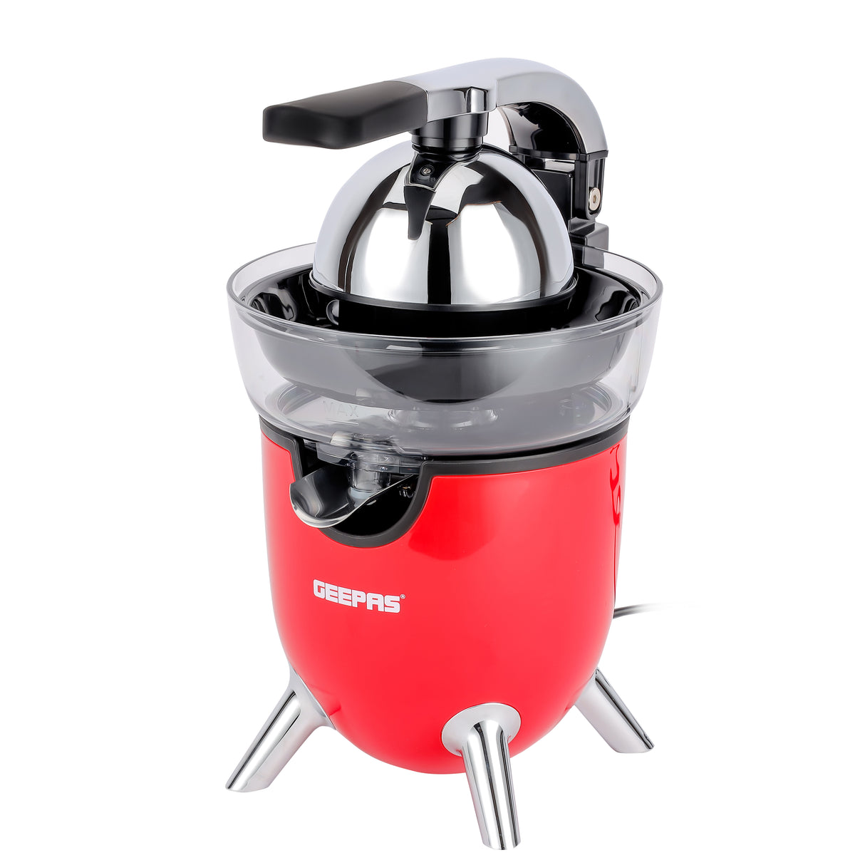 Geepas GCJ46021 Stainless Steel Citrus Juicer | For Oranges, Lemons & More | 2 Cones | Filter Basket | Transparent Collector | Easy Clean |  2Year Warranty