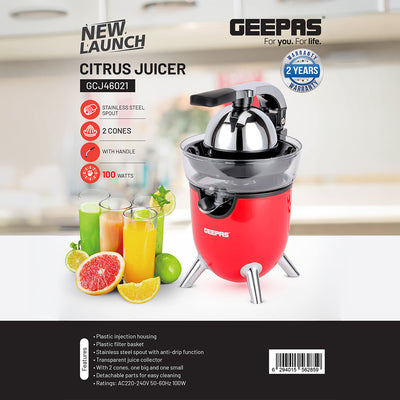 Geepas GCJ46021 Stainless Steel Citrus Juicer | For Oranges, Lemons & More | 2 Cones | Filter Basket | Transparent Collector | Easy Clean |  2Year Warranty