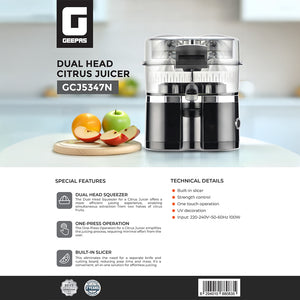 Geepas GCJ5347 Dual Head Citrus Juicer | Built-in Slicer for Easy Fruit Preparation | Strength Control & One-Press Operation | 100W| Fresh Juice Maker |2 Years Warranty