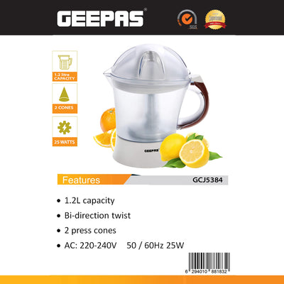 Geepas Citrus Juicer GCJ5384 | 1.2L Large Capacity Jug | 25W | Bi-Directional Twist for Maximum Juice Extraction | 2 Press Cones|  Compact Electric Citrus Juicer