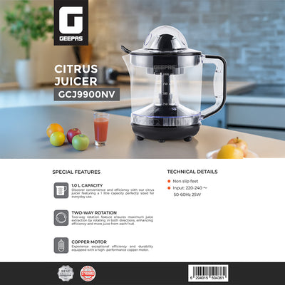 Geepas GCJ9900 Citrus Juicer | 1.0L Large Capacity | Two-Way Rotation for Maximum Extraction | Durable Copper Motor | 25W Power | Easy to Clean |  2 Years Warranty