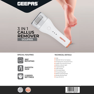 Geepas GCL57515 3-in-1 Callus Remover | 360° Rotating Design| 1500mAh Rechargeable Lithium Battery| 3 Grinding Heads| 2 Speed Settings| IPX6 Waterproof| USB Charging