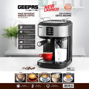 Geepas Espresso and Cappuccino Coffee Machine- GCM1215SA| Equipped with 20 Bar High Pressure Pump and Powerful Steam System |  Black and Silver | 2 Years Warranty