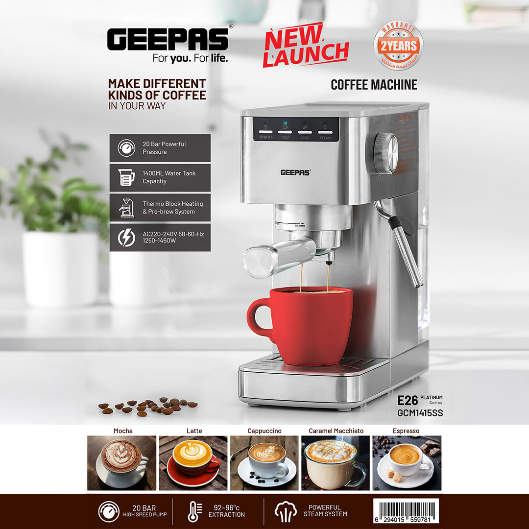 Geepas GCM1415SS Coffee Machine |20 Bar Pressure Pump| Professional Steam System| 1.5L Water Tank |Brew Espresso, Cappuccino, Latte, Mocha & More at Home|2 Years Warranty