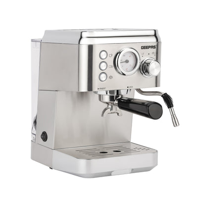 Geepas GCM1523SS Espresso & Cappuccino Coffee Machine | 20 Bar High-Pressure Pump| 1.8L  Water Tank| Frothing System| Dual Filter | G23 Platinum Series| 2 Years Warranty