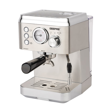 Geepas GCM1523SS Espresso & Cappuccino Coffee Machine | 20 Bar High-Pressure Pump| 1.8L  Water Tank| Frothing System| Dual Filter | G23 Platinum Series| 2 Years Warranty