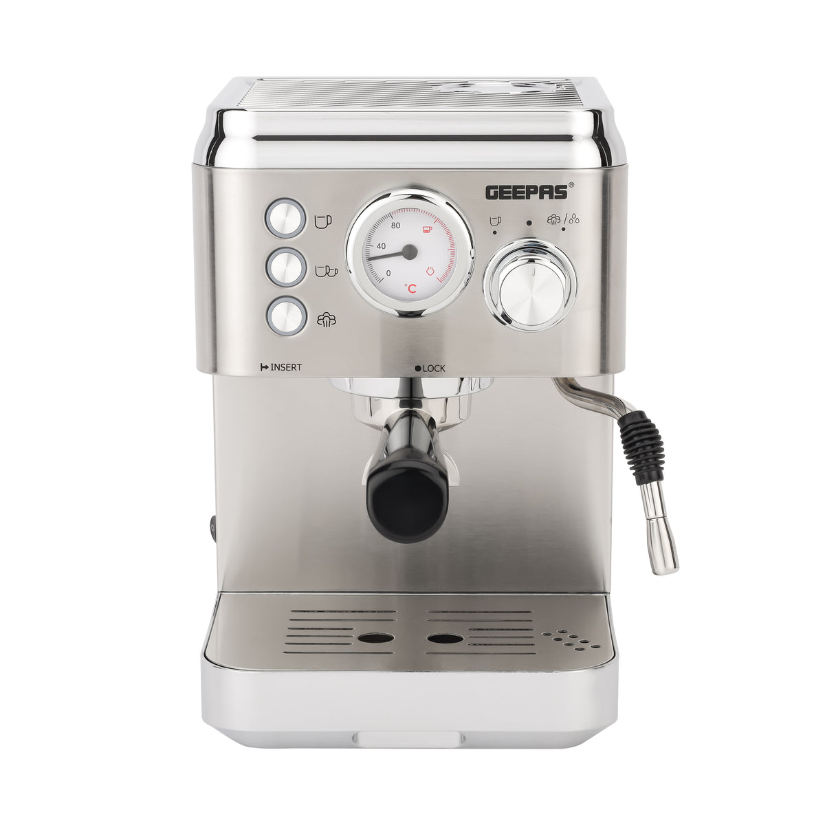 Geepas GCM1523SS Espresso & Cappuccino Coffee Machine | 20 Bar High-Pressure Pump| 1.8L  Water Tank| Frothing System| Dual Filter | G23 Platinum Series| 2 Years Warranty