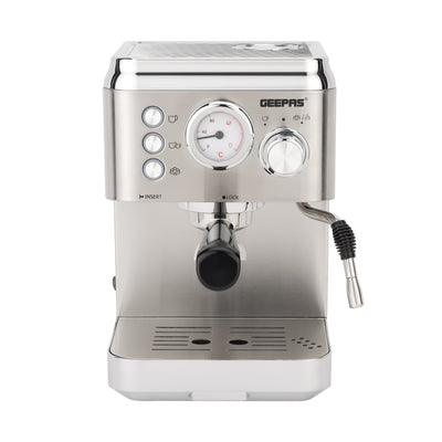 Geepas GCM1523SS Espresso & Cappuccino Coffee Machine | 20 Bar High-Pressure Pump| 1.8L  Water Tank| Frothing System| Dual Filter | G23 Platinum Series| 2 Years Warranty