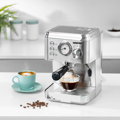 Geepas GCM1523SS Espresso & Cappuccino Coffee Machine | 20 Bar High-Pressure Pump| 1.8L  Water Tank| Frothing System| Dual Filter | G23 Platinum Series| 2 Years Warranty