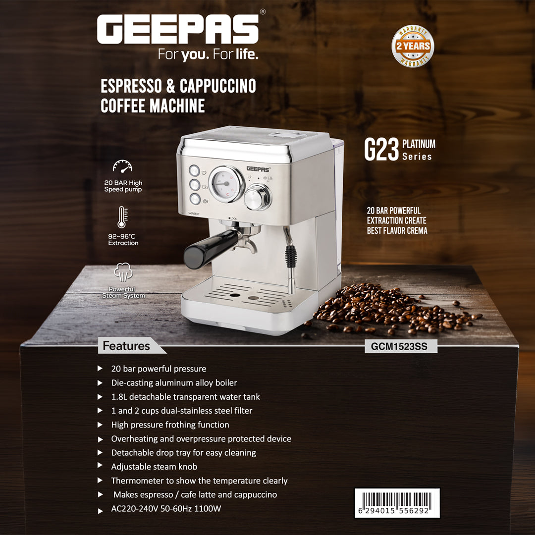 Geepas GCM1523SS Espresso & Cappuccino Coffee Machine | 20 Bar High-Pressure Pump| 1.8L  Water Tank| Frothing System| Dual Filter | G23 Platinum Series| 2 Years Warranty