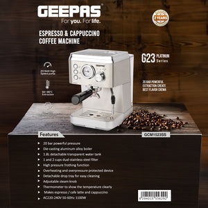 Geepas GCM1523SS Espresso & Cappuccino Coffee Machine | 20 Bar High-Pressure Pump| 1.8L  Water Tank| Frothing System| Dual Filter | G23 Platinum Series| 2 Years Warranty