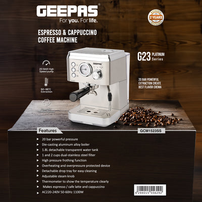 Geepas GCM1523SS Espresso & Cappuccino Coffee Machine | 20 Bar High-Pressure Pump| 1.8L  Water Tank| Frothing System| Dual Filter | G23 Platinum Series| 2 Years Warranty