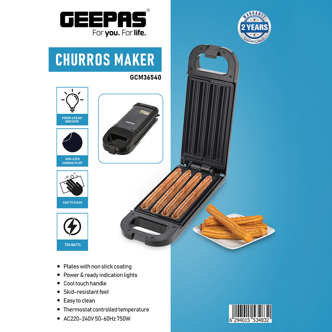 Geepas GCM36540 Churros Maker | 750W  | Non-Stick Plates for Easy Cleaning | Thermostat Controlled Temperature | Power & Ready Indicator Lights | 2-Year Warranty