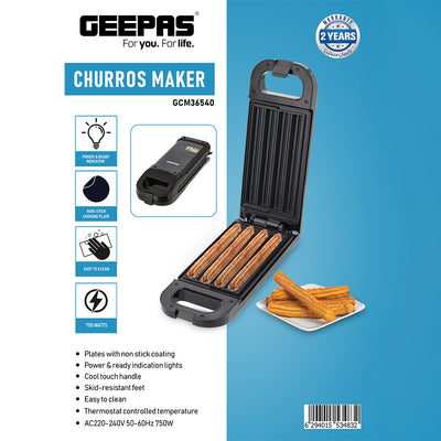 Geepas GCM36540 Churros Maker | 750W  | Non-Stick Plates for Easy Cleaning | Thermostat Controlled Temperature | Power & Ready Indicator Lights | 2-Year Warranty