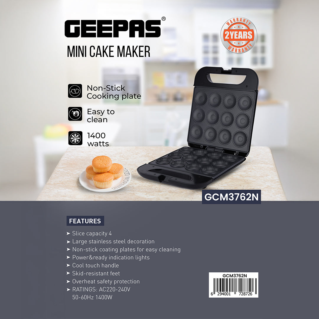 Geepas GCM3762 Mini Cake Maker 1400W | 12-Cup Non-Stick Cake & Pie Maker | non-stick cooking plates | Power and ready indicator lights | Cool-touch handle | Durable