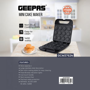 Geepas GCM3762 Mini Cake Maker 1400W | 12-Cup Non-Stick Cake & Pie Maker | non-stick cooking plates | Power and ready indicator lights | Cool-touch handle | Durable